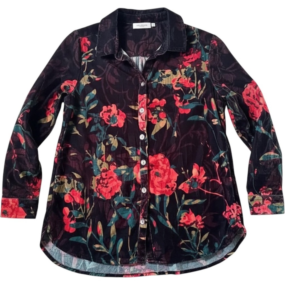 Soft Surroundings Velvet Shirt PM Black Red Floral‎ Button Down Whimsigoth